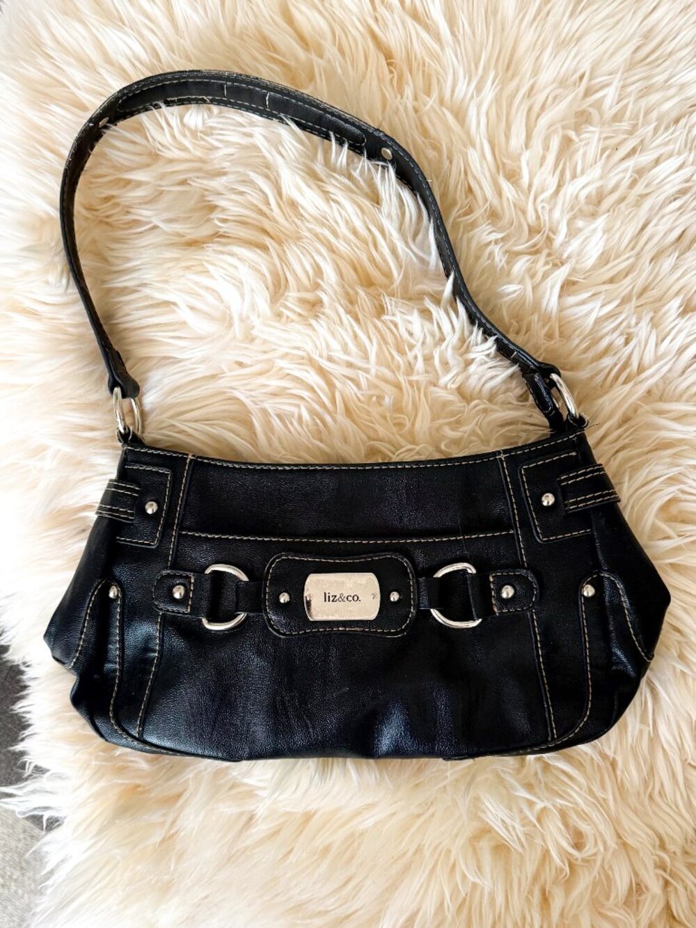 Vintage Y2K Liz & Co Black Baguette Shoulder Bag Silver Hardware 2000s